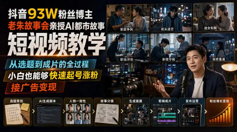 初创源码资源站 抖音93W粉丝博主老朱故事会亲授AI都市故事短视频教学从选题到成片的全过程小白也能够快速起号涨粉接广告变现
