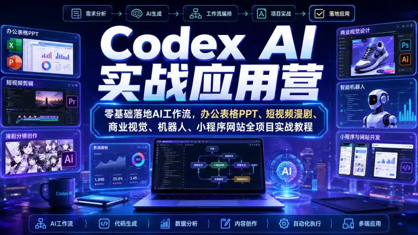 初创源码资源站 Codex AI实战应用营|零基础落地AI工作流办公表格PPT短视频漫剧商业视觉机器人小程序网站全项目实战教程