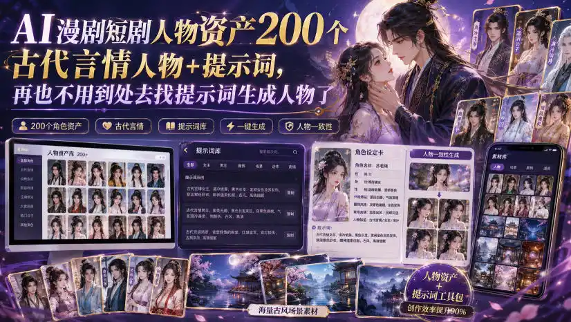 初创源码资源站 AI漫剧短剧人物资产200个古代言情人物+提示词再也不用到处去找提示词生成人物了