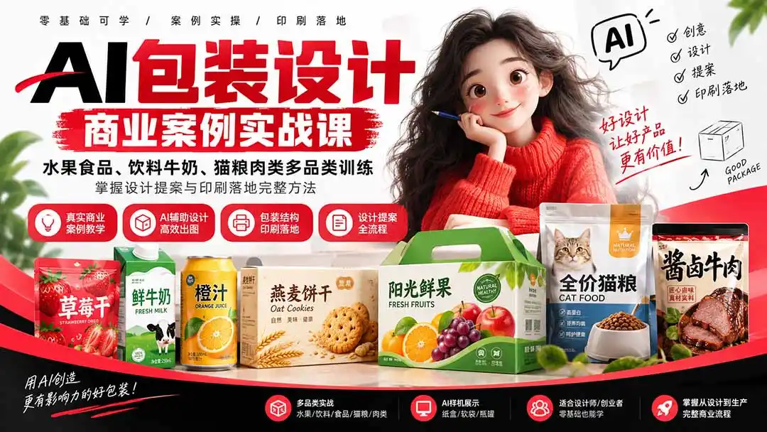 AI包装设计商业案例实战课：水果食品、饮料牛奶、猫粮肉类多品类训练，掌握设计提案与印刷落地完整方法-初创源码资源站