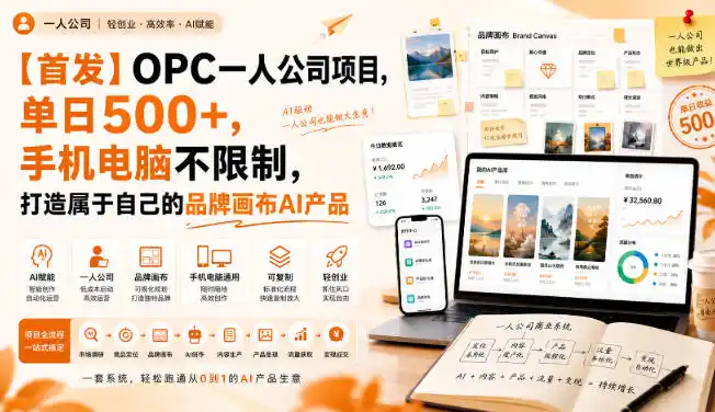 【首发】OPC一人公司项目，单日500+，手机电脑不限制，打造属于自己的品牌画布AI产品，收费陪跑【揭秘】-初创源码资源站