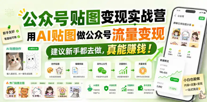 公众号贴图变现实战营，用AI贴图做公众号流量变现，建议新手都去做，真能賺钱！-初创源码资源站