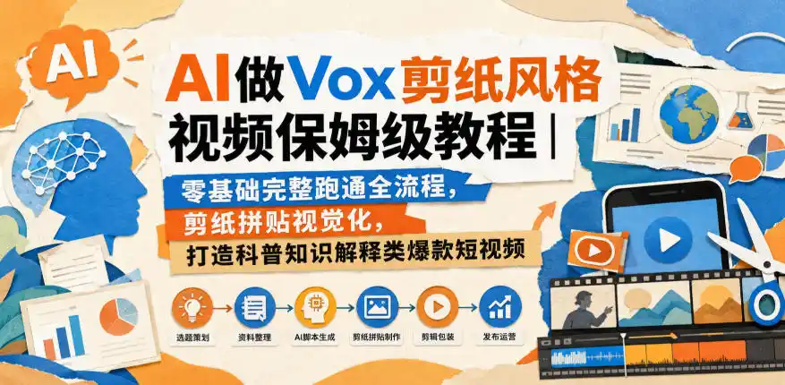 AI做Vox剪纸风格视频保姆级教程｜零基础完整跑通全流程，剪纸拼贴视觉化，打造科普知识解释类爆款短视频-初创源码资源站