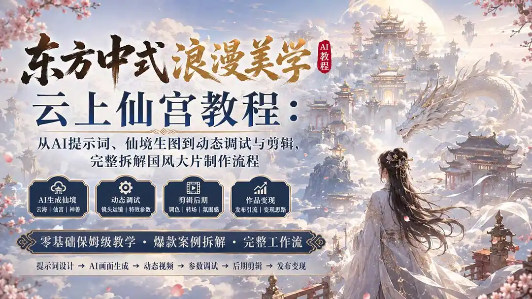 东方中式浪漫美学云上仙宫教程：从AI提示词、仙境生图到动态调试与剪辑，完整拆解国风大片制作流程-初创源码资源站