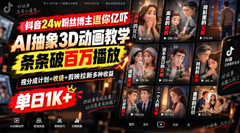 抖音24w粉丝博主逗你亿吓AI抽象3D动画教学，条条破百万播放，分成计划+收徒+剪映拉新多种收益，单日1K+-初创源码资源站