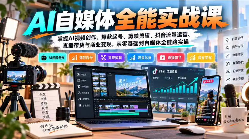 【无水印】AI自媒体全能实战课，掌握AI视频创作、爆款起号、剪映剪辑、抖音流量运营、直播带货与商业变现，从零基础到自媒体全链路实操-初创源码资源站