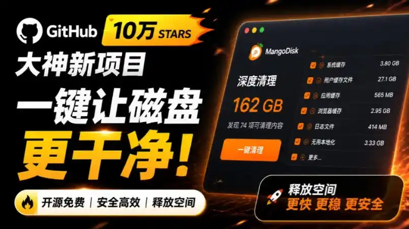 在Gtihub上做出10万stars的大神，又发布新项目了！一键让磁盘更干净，开源免费清理工具MangoDisk-初创源码资源站