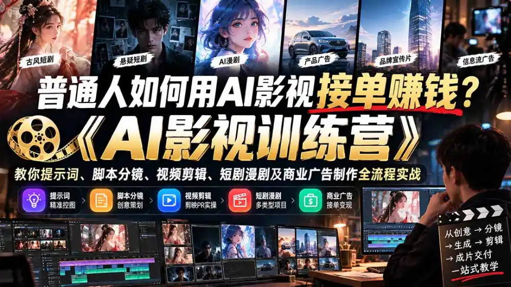 普通人如何用AI影视接单赚钱？《AI影视训练营》教你提示词、脚本分镜、视频剪辑、短剧漫剧及商业广告制作全流程实战-初创源码资源站