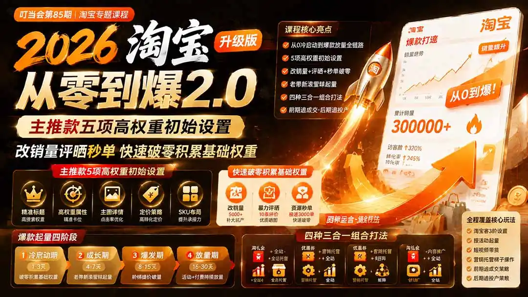 2026淘宝从零到爆2.0第85期；主推款五项高权重初始设置，改销量评晒秒单快速破零积累基础权重 - 初创源码资源站-初创源码资源站