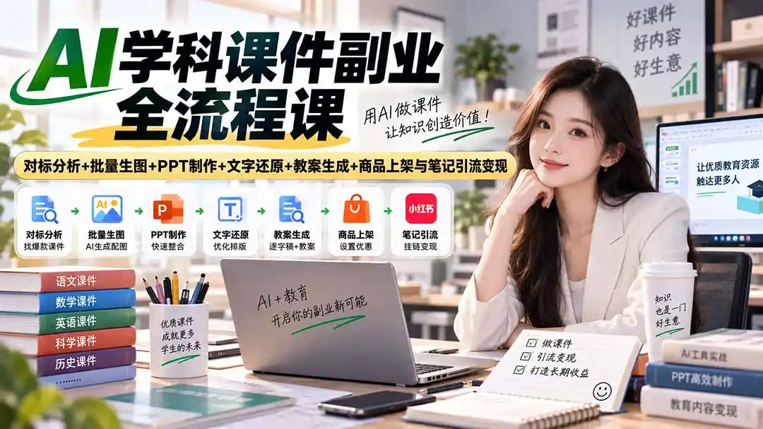 AI学科课件副业全流程课｜对标分析+批量生图+PPT制作+文字还原+教案生成+商品上架与笔记引流变现-初创源码资源站
