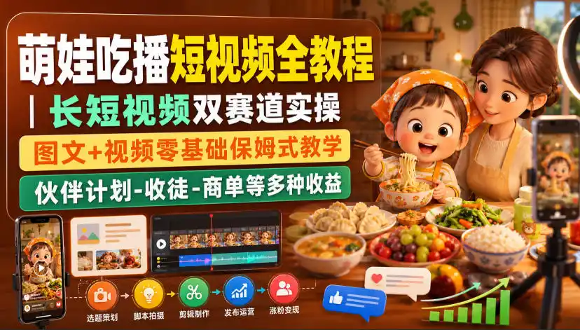 萌娃吃播短视频全教程｜长短视频双赛道实操，图文+视频零基础保姆式教学，伙伴计划-收徒-商单等多种变现方式-初创源码资源站