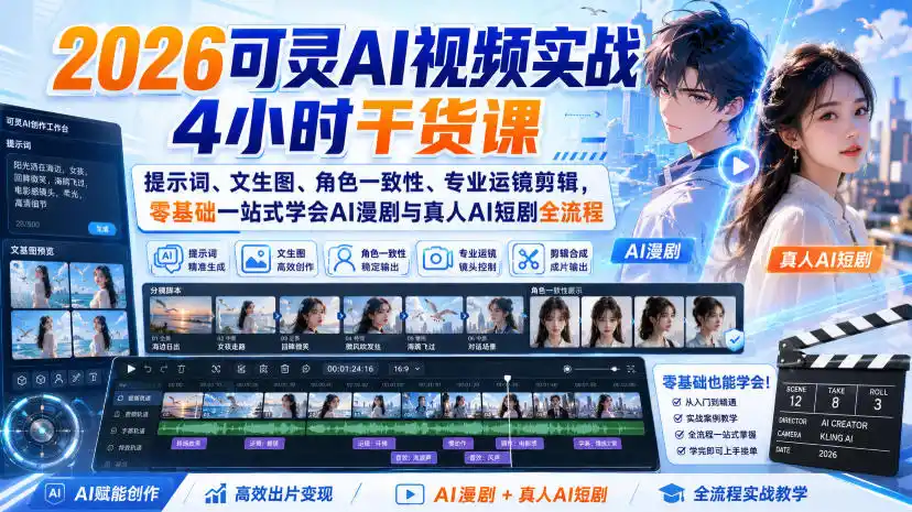 初创源码资源站 2026可灵AI视频实战4小时干货课|提示词文生图角色一致性专业运镜剪辑零基础一站式学会AI漫剧与真人AI短剧全流程