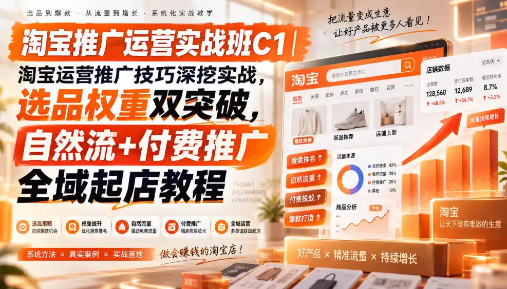 淘宝推广运营实战班C1｜淘宝运营推广技巧深挖实战，选品权重双突破，自然流+付费推广全域起店教程-初创源码资源站