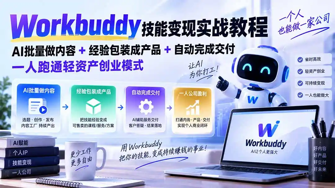 Workbuddy技能变现实战教程：AI批量做内容+经验包装成产品+自动完成交付，一人跑通轻资产创业模式-初创源码资源站
