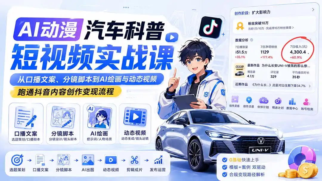 AI动漫汽车科普短视频实战课：从口播文案、分镜脚本到AI绘画与动态视频，跑通抖音内容创作变现流程-初创源码资源站