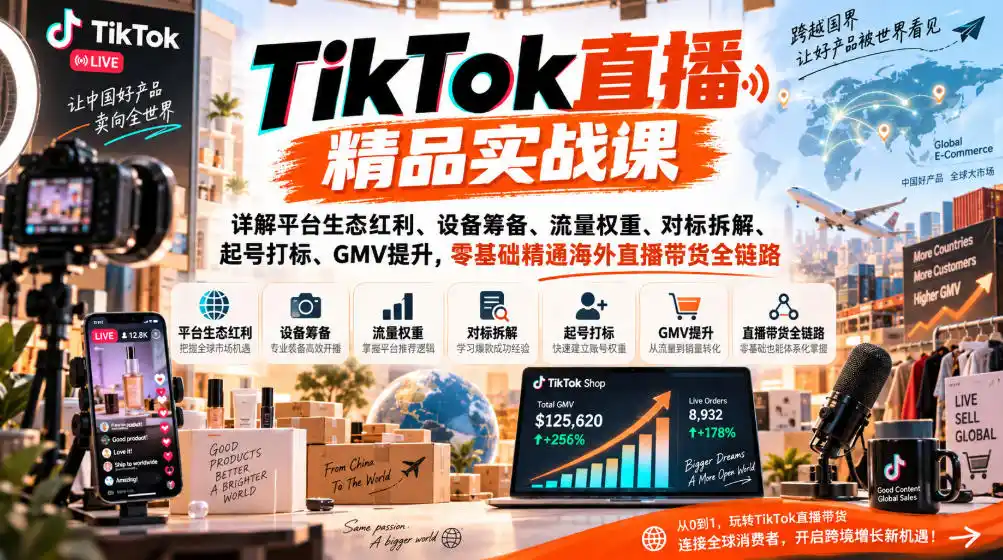 初创源码资源站 TikTok直播精品实战课详解平台生态红利设备筹备流量权重对标拆解起号打标GMV提升零基础精通海外直播带货全链路