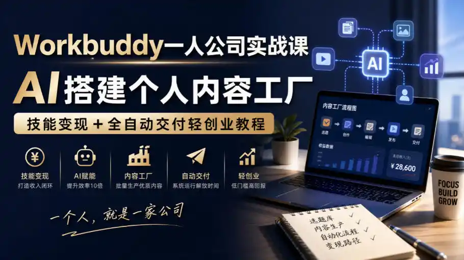 初创源码资源站 Workbuddy一人公司实战课AI搭建个人内容工厂技能变现+全自动交付轻创业教程