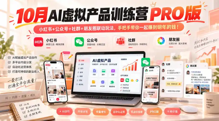 10月AI虚拟产品训练营PRO版，小红书+公众号+社群+朋友圈联动玩法，手把手带你一起赚到明年的钱！(更新1029)-初创源码资源站
