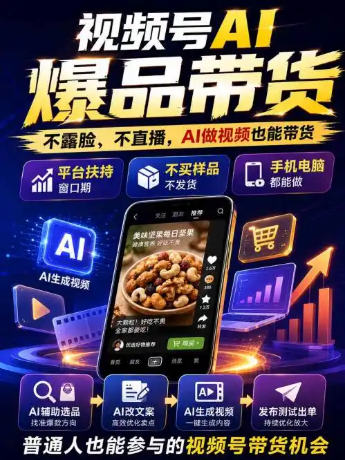 视频号Ai爆品带货不露脸不直播不买样品不开店不发货AI做视频也能带货轻松单日佣金1k+