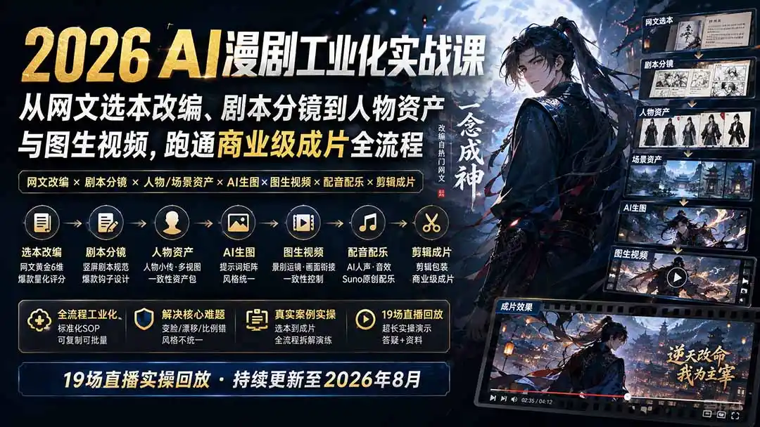 2026 AI漫剧工业化实战课-更新：从网文选本改编、剧本分镜到人物资产与图生视频，跑通商业级成片全流程 - 初创源码资源站-初创源码资源站
