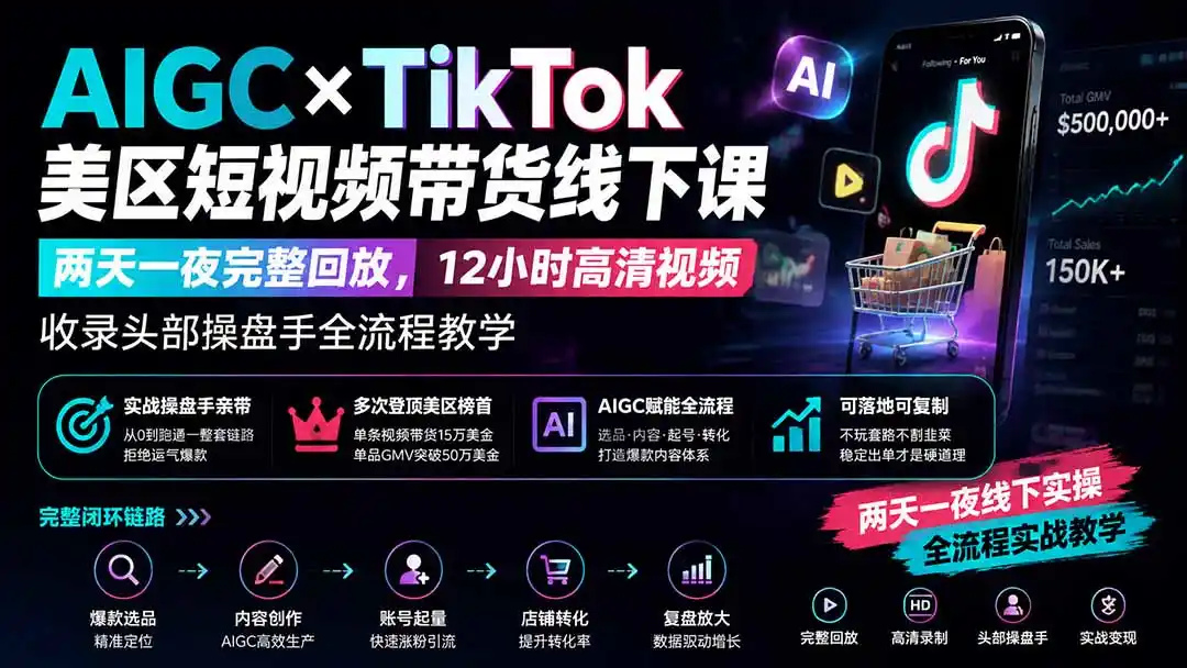 AIGC×TikTok美区短视频带货线下课;两天一夜完整回放,12小时高清视频收录头部操盘手全流程教学-初创源码资源站