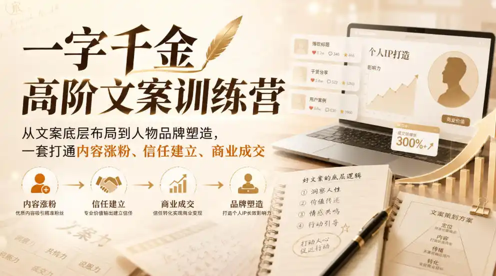 一字千金高阶文案训练营，从文案底层布局到人物品牌塑造，一套打通内容涨粉、信任建立、商业成交-初创源码资源站
