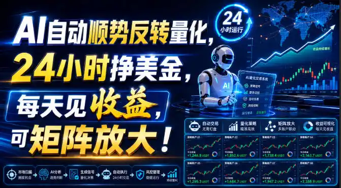 初创源码资源站 AI自动顺势反转量化24小时挣美金每天见收益可矩阵放大揭秘