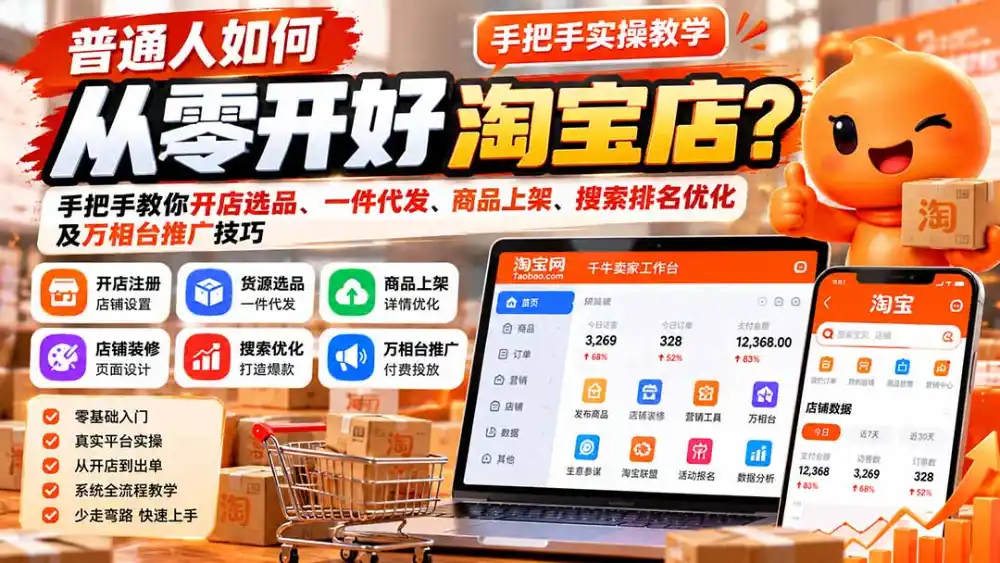 普通人如何从零开好淘宝店？手把手教你开店选品、一件代发、商品上架、搜索排名优化及万相台推广技巧-初创源码资源站