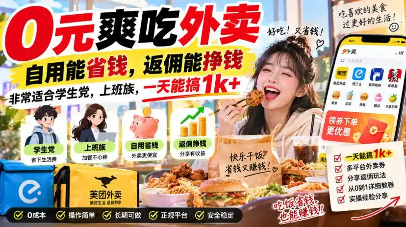 0元爽吃外卖，自用能省钱，返佣能挣钱，非常适合学生党，上班族，一天能搞1k+-初创源码资源站