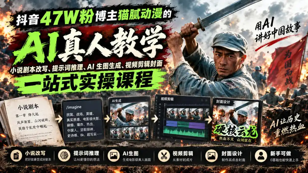 抖音47W粉博主猫腻动漫的AI真人漫剧教学，小说剧本改写、提示词推理、AI生图生成、视频剪辑封面一站式实操课程-初创源码资源站
