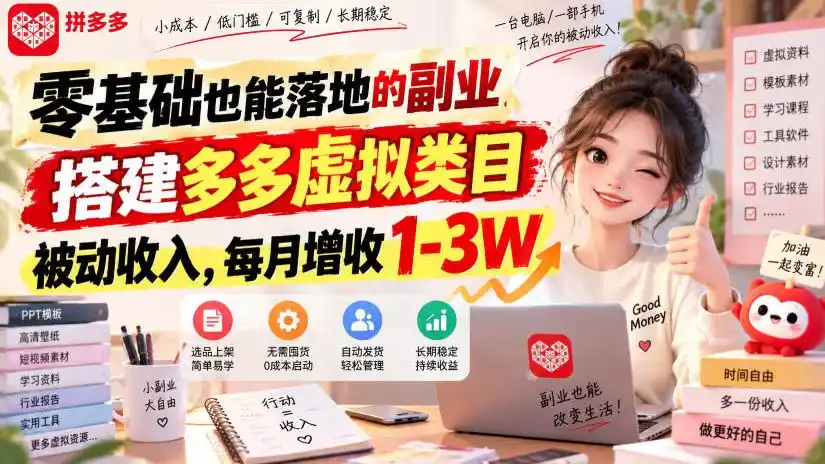 零基础也能落地的副业，搭建多多虚拟类目被动收入，每月增收1-3W【揭秘】-初创源码资源站