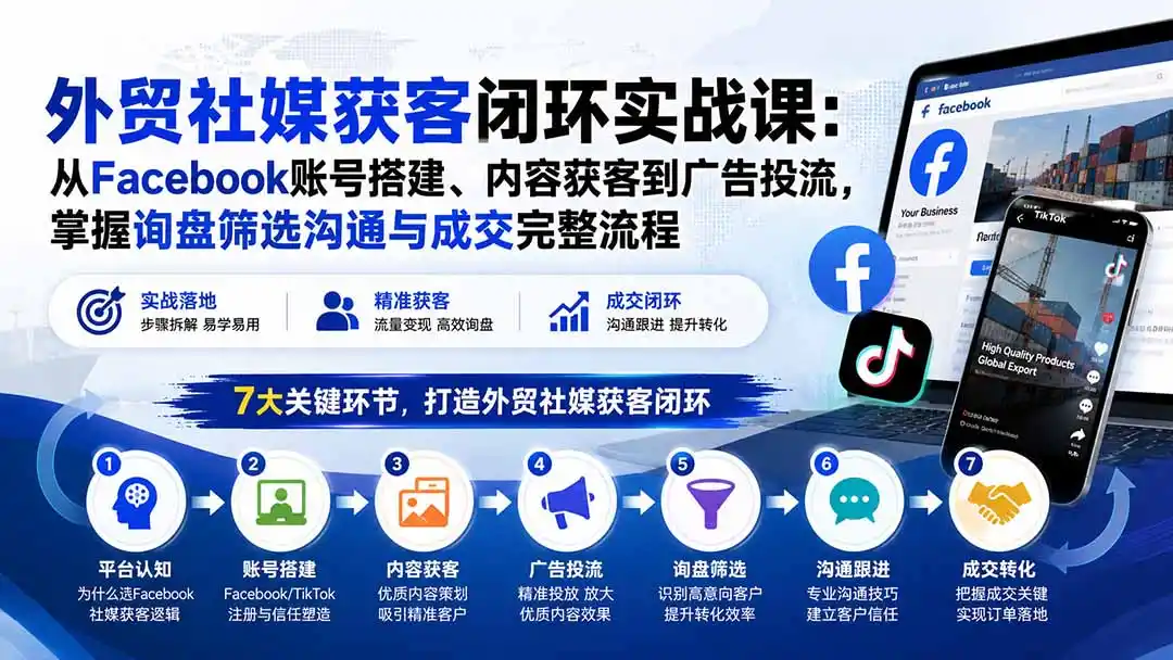 外贸社媒获客闭环实战课：从Facebook账号搭建、内容获客到广告投流，掌握询盘筛选沟通与成交完整流程-初创源码资源站