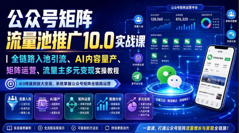 初创源码资源站 公众号矩阵流量池推广100实战课|全链路入池引流AI内容量产矩阵运营流量主多元变现实操教程