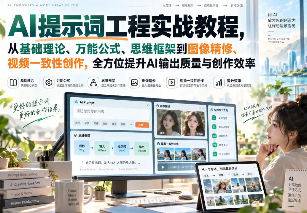 AI提示词工程实战教程，从基础理论、万能公式、思维框架到图像精修、视频一致性创作，全方位提升AI输出质量与创作效率-初创源码资源站