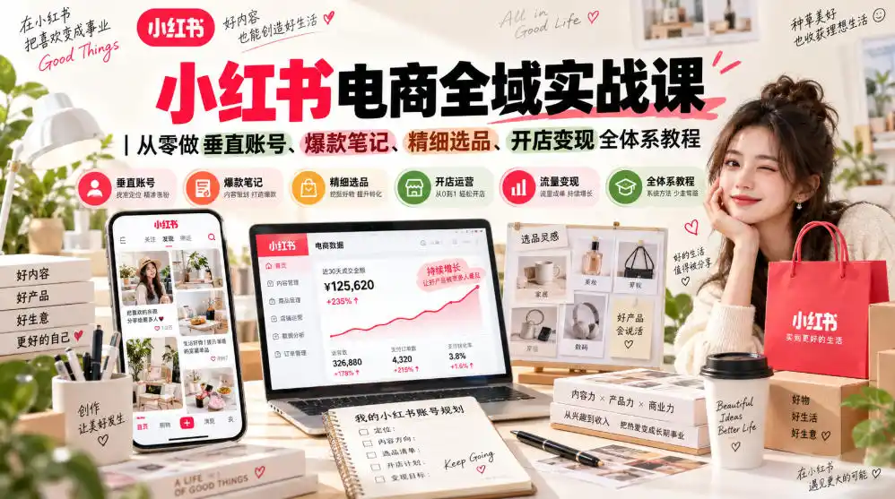 初创源码资源站 小红书电商全域实战课|从零做垂直账号爆款笔记精细选品开店变现全体系教程