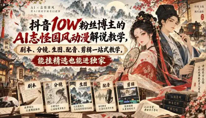 抖音10W粉丝博主满堂诡事的AI志怪国风动漫解说教学，剧本、分镜、生图、配音、剪辑一站式教学，能挂精选也能进独家-初创源码资源站
