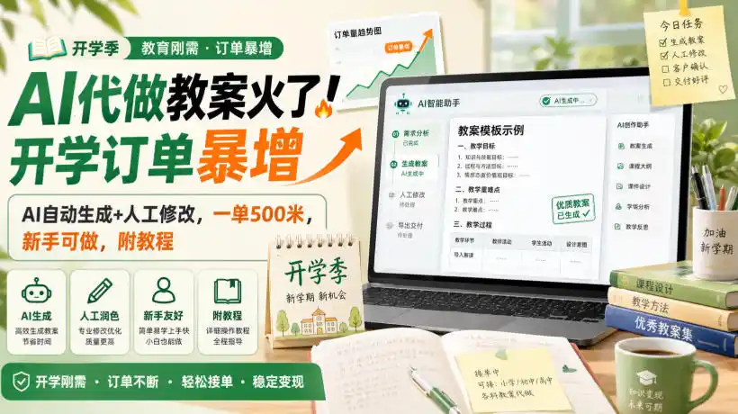 初创源码资源站 AI代做教案火了开学订单暴增AI自动生成+人工修改一单500米新手可做附教程揭秘