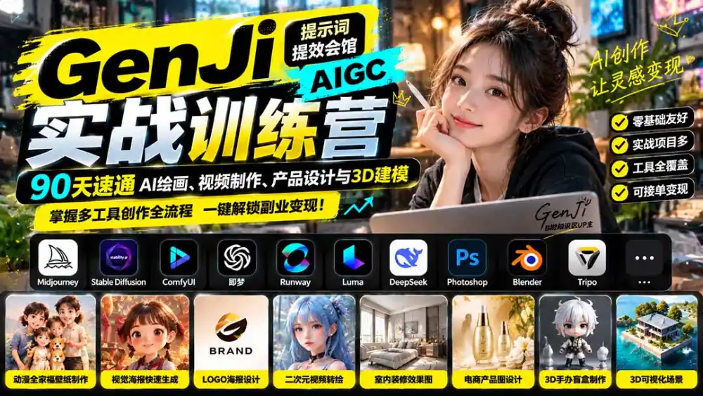 GenJi AIGC实战训练营：90天速通AI绘画、视频制作、产品设计与3D建模，掌握多工具创作全流程-初创源码资源站