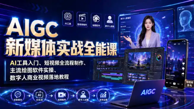 初创源码资源站 AIGC新媒体实战全能课|AI工具入门短视频全流程制作主流绘图软件实操数字人商业视频落地教程
