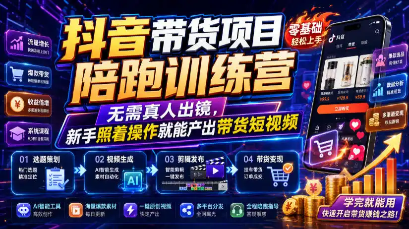 抖音带货项目陪跑训练营，无需真人出镜，新手照着操作就能产出带货短视频(更新0811)-初创源码资源站
