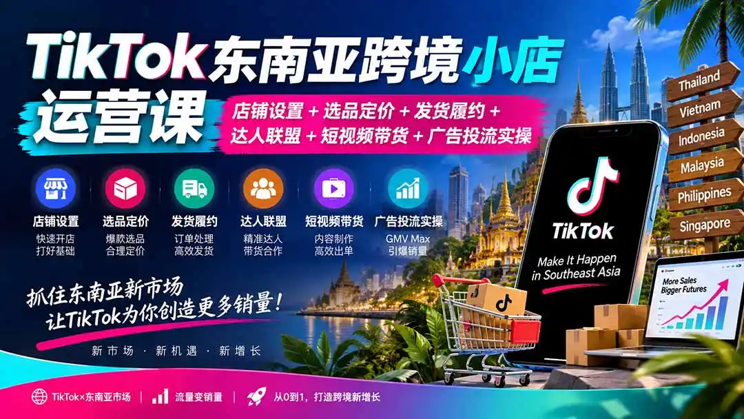 TikTok东南亚跨境小店运营课：店铺设置+选品定价+发货履约+达人联盟+短视频带货+广告投流实操-初创源码资源站