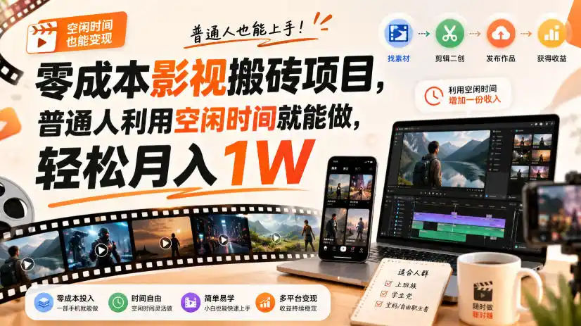 零门槛影视搬砖项目，月入万元，玩法稳定普通人可落地的长期副业！-初创源码资源站