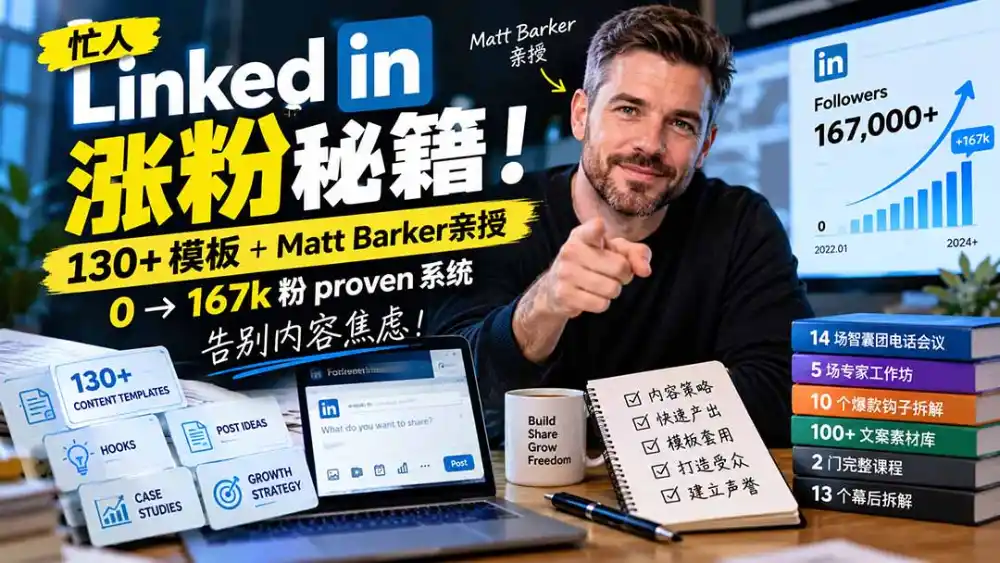 【无水印】忙人LinkedI 涨粉秘籍！130+模板+Matt Barker亲授：0→167k粉proven系统，告别内容焦虑【原创双语字幕】-初创源码资源站