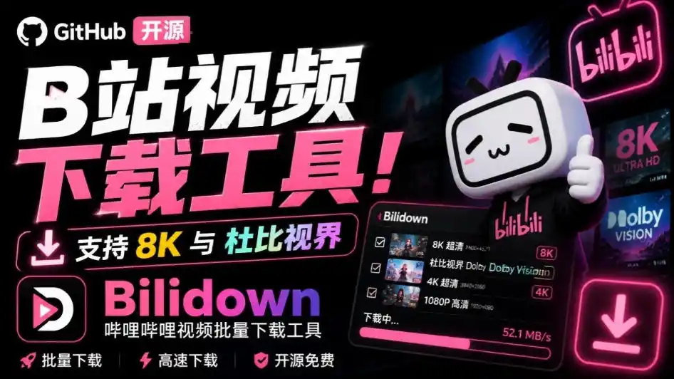 初创源码资源站 Github开源B站视频下载工具支持8K与杜比视界的哔哩哔哩视频批量下载工具简单易用Bilidown