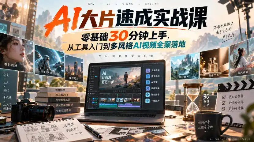 AI大片速成实战课｜零基础30分钟上手，从工具入门到多风格AI视频全案落地-初创源码资源站