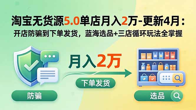 淘宝无货源5.0单店月入2万-更新2026：开店防骗到下单发货，蓝海选品+三店循环玩法全掌握-初创源码资源站