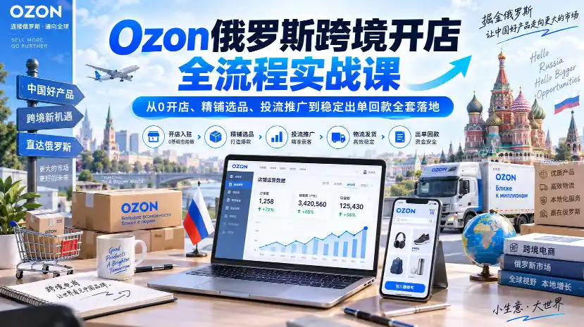Ozon俄罗斯跨境开店全流程实战课｜从0开店、精铺选品、投流推广到稳定出单回款全套落地-初创源码资源站