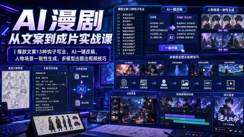 初创源码资源站 AI漫剧从文案到成片实战课|爆款文案13种钩子写法AI一键改稿人物场景一致性生成多模型出图出视频技巧