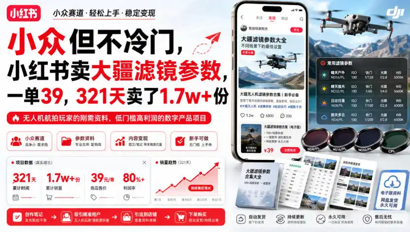 初创源码资源站 小众但不冷门小红书卖大疆滤镜参数一单39321天卖了17w+份