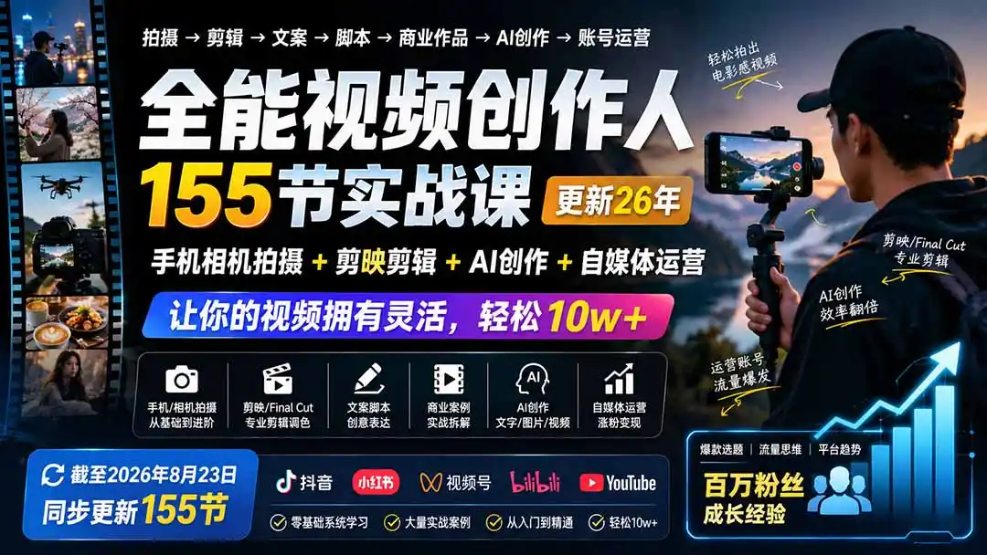 全能视频创作人155节实战课-更新26年8月：手机相机拍摄+剪映剪辑+AI创作+自媒体运营，让你的视频拥有灵活，轻松10w-初创源码资源站